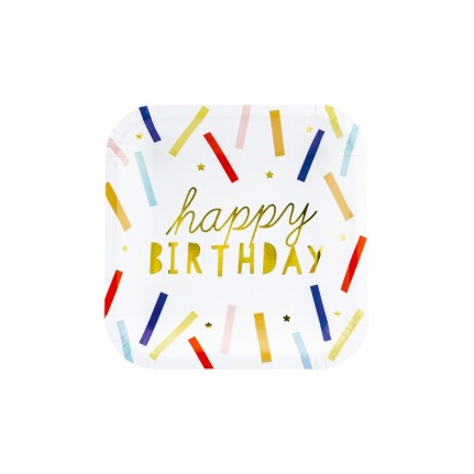 Piatti di carta con scritta Happy Birthday colori